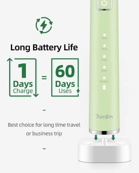 7am2m Sonic Electric Toothbrush for Adults and Kids, with 8 Brush Heads &Travel Case, Wireless Fast Charge, One Charge for 60 Days,5 Modes with 2 Minutes Build in Smart Timer, IPX7 Waterproof (Green)