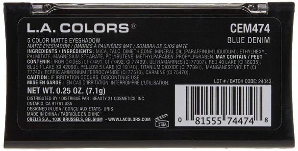 L.A. COLORS 5 Color Matte Eyeshadow, Blue Denim, 0.25 oz.