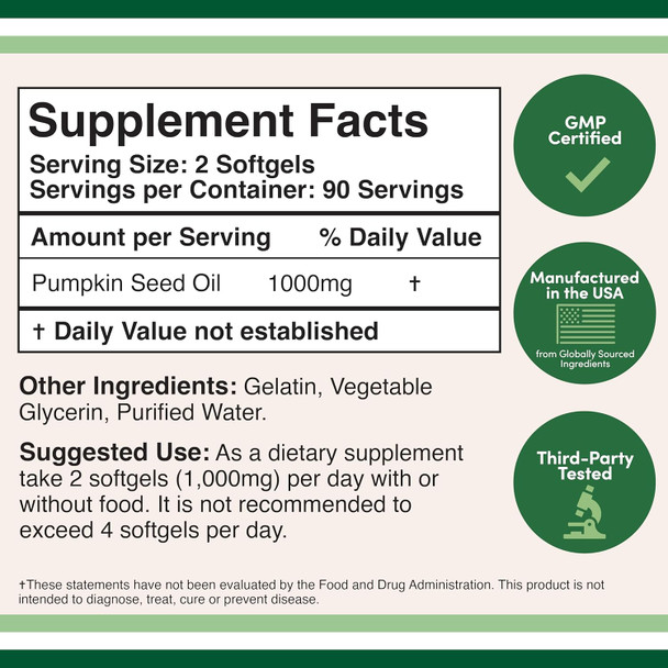 Pumpkin Seed Oil For Hair Growth And Bladder Control (1,000Mg Per Serving, 180 Softgels) Manufactured And Tested In The Usa By Double Wood Supplements