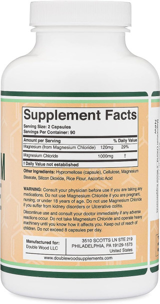 Magnesium Chloride (Cloruro De Magnesio) - 180 Capsules, 1,000mg Per Serving, Supports Digestive and Bone Health - Manufactured and Tested in The USA by Double Wood Supplements