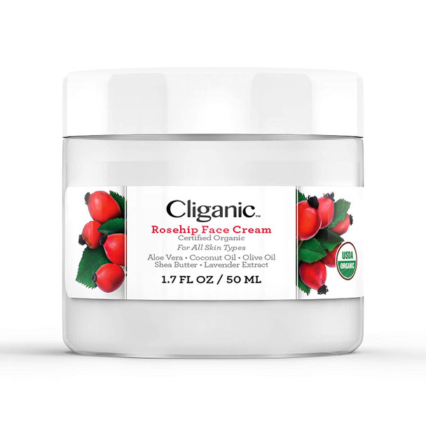 Cliganic Organic Rosehip Face Cream, 2oz | For Women Natural Anti Aging | Made in USA