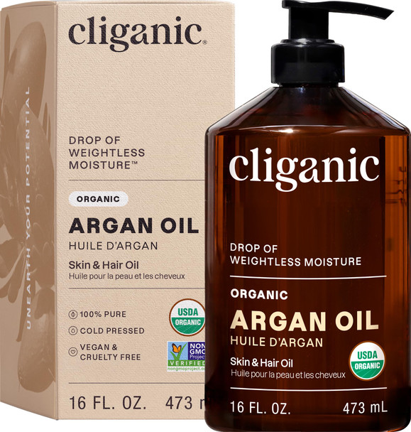 Cliganic Organic Argan Oil 16oz with Pump, 100% Pure | Bulk for Hair, Face & Skin