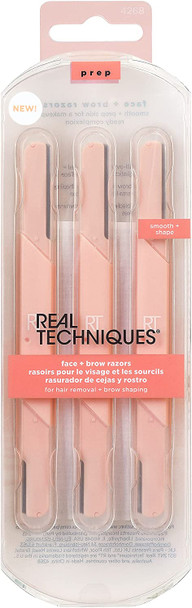 Real Techniques Face and Brow Razors, Exfoliating Dermaplaning, Women's Face Razor, Multipurpose Facial Razors, Precision Trimming for Peach Fuzz, 3 Piece Set, Orange