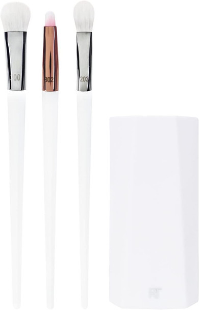 Real Techniques Bold Metals Collection Eyes + Lips Set - 200 Oval Shadow Brush, 302 Pointed Lip Brush, 203 Tapered Shadow Brush & Brush Cup