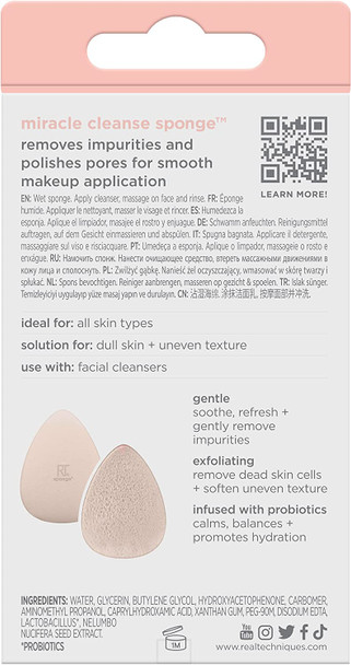 REAL TECHNIQUES Sponge+, Skin Care Facial Cleanser Tool, with Probiotics, exfoliate and clean pores, Miracle Complexion Sponge