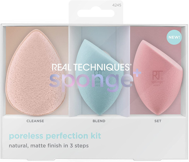 REAL TECHNIQUES Sponge+ Beauty Makeup Blenders for Facial Cleanser, Foundation and Setting Powder, Probiotic infused (3 Piece Kit)