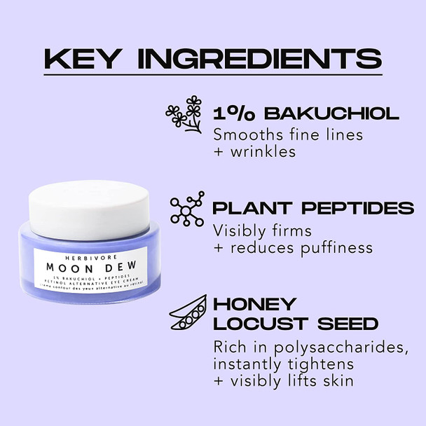 Herbivore Botanicals Moon Dew 1% Bakuchiol + Peptides Retinol Alternative Eye Cream - Smooth & Firm Eyes in 10 Minutes (0.5 oz)