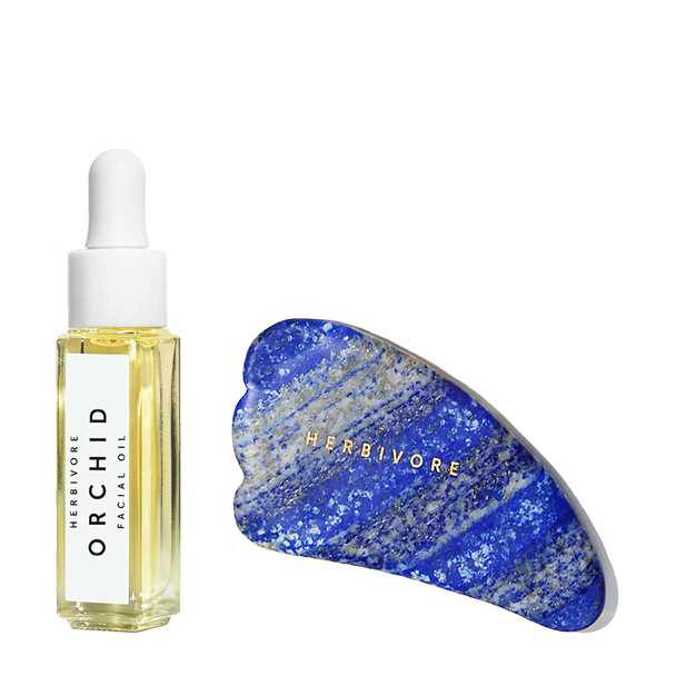 Herbivore Botanicals Lapis Gua Sha and Orchid Facial Oil Duo - Lapis Gua Sha Teardrop Bundle with Orchid Facial Oil (0.27 oz)