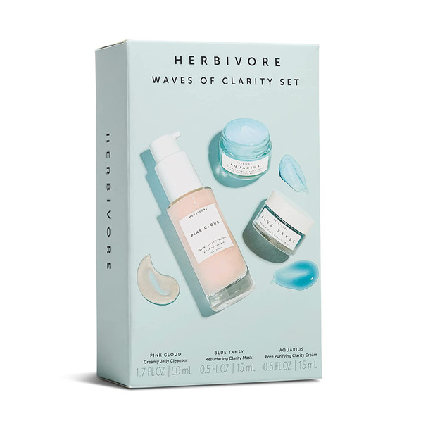 Herbivore Botanicals Waves of Clarity Pore Purifying Set - Pink Cloud Cleanser (1.7 oz), Blue Tansy Resurfacing Mask (0.5 oz) and Aquarius Pore Purifying Cream (0.5 oz)