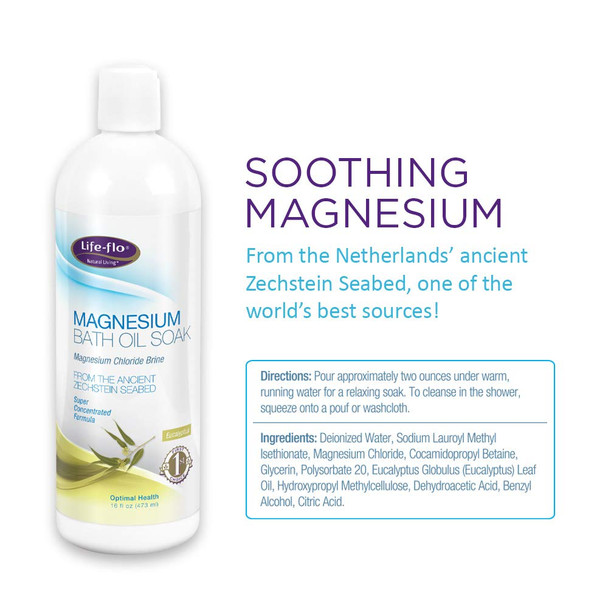 Life-flo Magnesium Bath Oil Soak with Eucalyptus | Potent Magnesium Chloride Soothes & Refreshes Muscles & Joints | 16oz