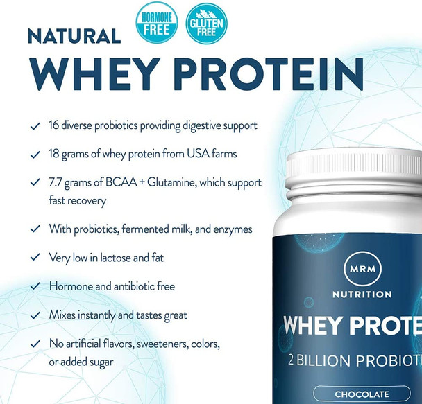 MRM Nutrition Whey Protein | Chocolate Flavored |18g Protein | with 2 Billion probiotics + Digestive enzymes + BCAAs | High Absorption + Digestion | Hormone + antibiotic Free | 33 Servings