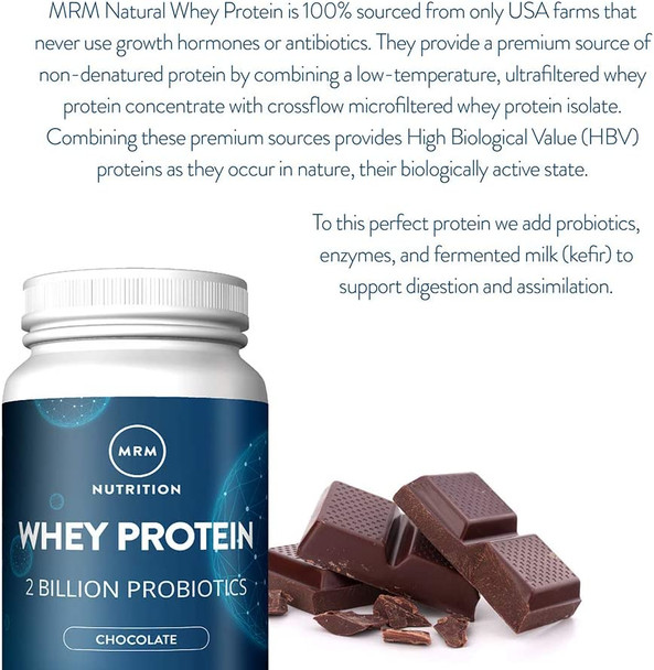 MRM Nutrition Whey Protein | Chocolate Flavored |18g Protein | with 2 Billion probiotics + Digestive enzymes + BCAAs | High Absorption + Digestion | Hormone + antibiotic Free | 17 Servings