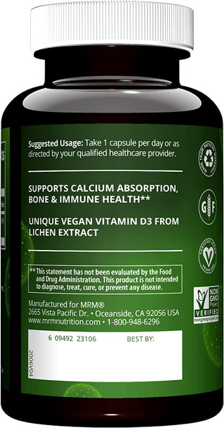 MRM Nuturition Vegan Vitamin D3 5,000 IU | Bone + Immune Health | Made from lichens | Supports Calcium Absorption | Vegan + Vegetarian Friendly | 60 Servings