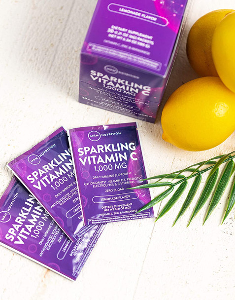 MRM Nutrition Sparkling Vitamin C 1000mg | with Vitamin D + zinc + prebiotics| Lemonade Flavored | Immune Health | Antioxidants + Electrolytes | Zero Sugar | 30 Servings