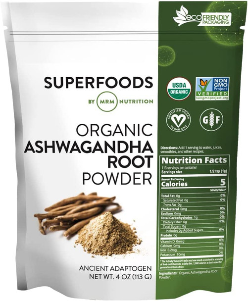 MRM Nutrition Organic Ashwagandha Root Powder | Ancient adaptogen | Stress + Mood Support | Gluten-Free + Vegan | 113 Servings
