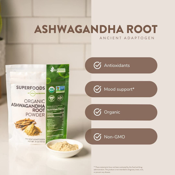 MRM Nutrition Organic Ashwagandha Root Powder | Ancient adaptogen | Stress + Mood Support | Gluten-Free + Vegan | 113 Servings