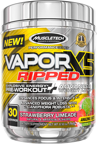 Pre Workout + Weight Loss | MuscleTech Vapor X5 Ripped | Pre Workout Powder for Men & Women | PreWorkout Energy Powder Drink Mix | Sports Nutrition Pre-Workout Products | Strawberry Limeade (30 Serv.)