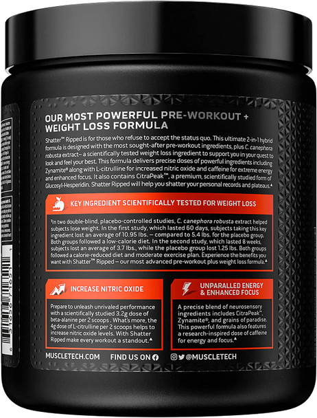 Pre Workout + Weight Loss | MuscleTech Shatter Ripped Pre-Workout | Pre Workout for Men & Women | PreWorkout Energy Powder Drink Mix | Energy + Weight Loss Formula | ICY Rocket Freeze (40 Servings)