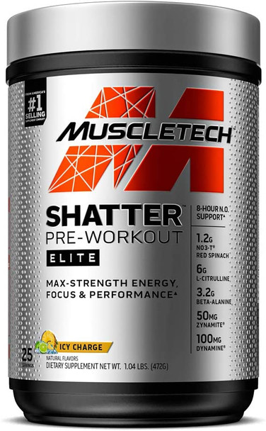 Pre Workout for Men & Women | MuscleTech Shatter Elite Pre-Workout | Preworkout Energy Powder | 8 Hour Nitric Oxide Booster + Beta Alanine | Focus + Strength | 350mg Caffeine | Icy Charge, 25 Servings