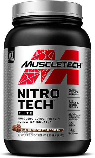 Whey Protein Isolate | MuscleTech Nitro-Tech Elite Isolate | Whey Isolate Protein Powder for Muscle Gain | Protein Shakes for Men & Women | Muscle Builder | Belgian Chocolate, 2.2 lbs (23 Servings)