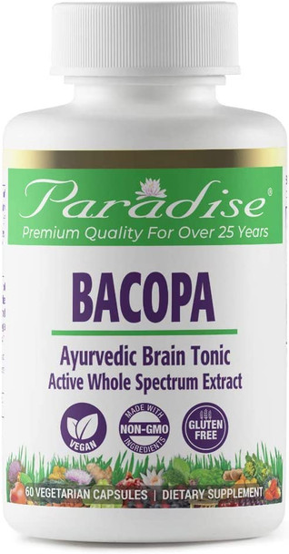 Paradise Herbs Bacopa Extract | Nootropic Brain Supplement Booster for Mental Sharpness, Focus, Memory, and Cognitive Wellness,| Vegan | Non-GMO | Gluten  | 60 Vegetarian Capsules