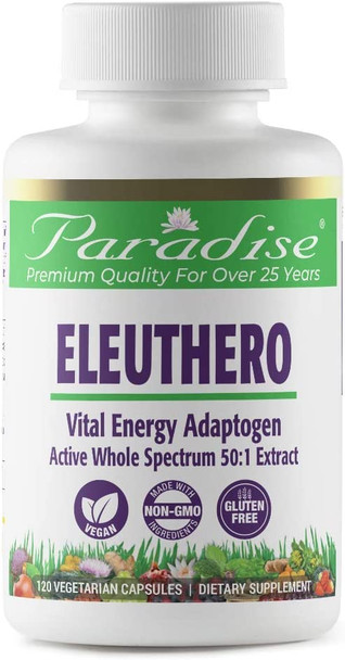 Paradise Herbs - Eleuthero Root - Vital Energy Adaptogen - Enhances Long-Term Energy Vitality | Increases Stamina + Maintain Optimum Performance & Health - 120 Count