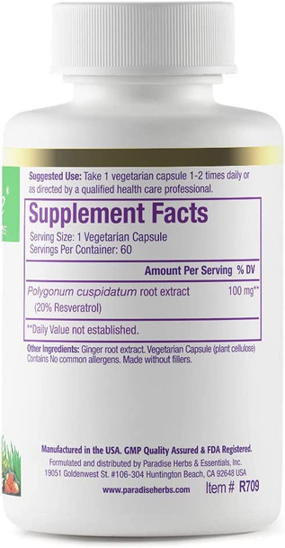 Paradise Herbs Resveratrol | Plant Active Extract | Antioxidant | Vegan | NON-GMO | Gluten Free 60 Vegetarian Capsules