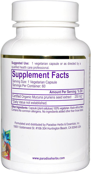 Paradise Herbs - Organic Mucuna Natural L-Dopa - 60 Vegetarian Capsules