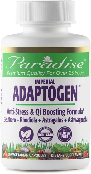 Paradise Herbs Imperial Adaptogen | Anti Stress & Qi Boosting Formula | Eleuthero | Rhodiola | Astragalus | Ashwaghanda | Vegan | NON-GMO | Gluten Free | 60 Vegetarian Capsules