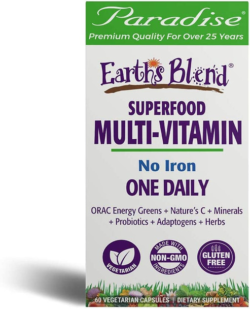 Paradise Herbs Earth's BlendA® Organic Superfood Multivitamin No Iron | Antioxidants, Probiotics, Adaptogens, Vitamins A, B, C, D, K2 | Orac Energy Greens + Minerals + Herbs | 60 Vegetarian Capsules