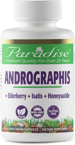 Paradise Herbs Andrographis + Elderberry + Isatis + Honeysuckle | Vegan | Non-Gmo | Gluten Free | 60 Vegetarian Capsules