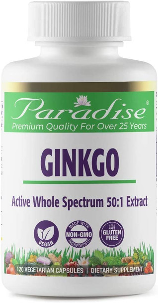 Paradise Ginkgo Biloba 50:1 Extract | Active Whole Spectrum Extract | Full Profile of Constituents | 100% Naturally Extracted | No Harsh Chemicals or Solvents | 120 Vegetarian Capsules