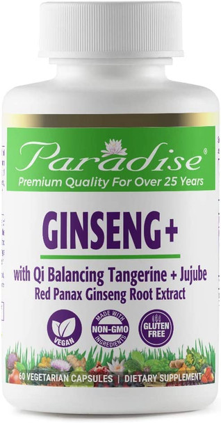 Paradise Herbs - Ginseng + with Qi Balancing Tangerine + Jujube Rad Panax Ginseng Root Extract - Supports Healthy Energy Levels (Qi) | Supports Optimum Well-Being | 60 Count