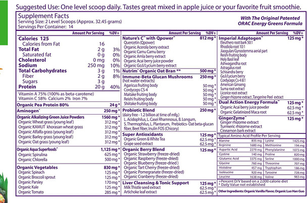 Paradise Herbs ORAC Energy Protein & Greens Vanilla | 20 grams of Organic Pea Protein Per Serving | Antioxidants | 24 Servings of Fruits & Veggies | Keto | Paleo | Vegan 16 Ounce, 14 Servings