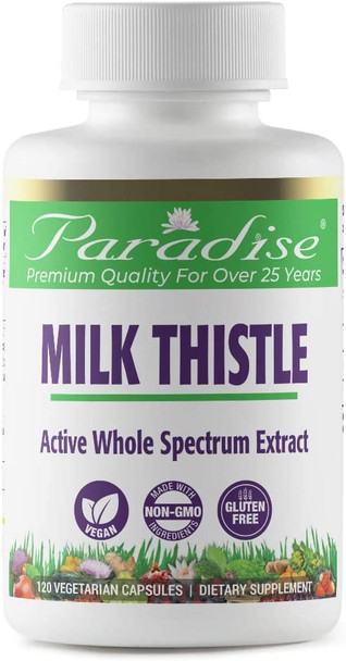 Paradise Herbs Milk Thistle | Active Whole Spectrum Extract | Vegan | NON-GMO | Gluten Free | 120 Vegetarian Capsules