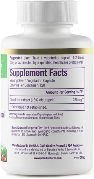 Paradise Olive Leaf Extract | True European Sourced Spanish Andalusian Olive Trees | 18% Oleuropein Resveratrol | Active Whole Spectrum | Vegan | NON-GMO | Gluten Free | 120 Vegetarian Capsules