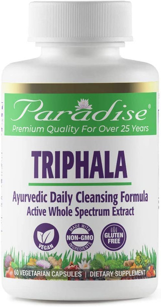 Paradise Triphala - Organic Ayurvedic Daily Cleansing and Nourishing Formula - Concentrated Extract - 100% Naturally Extracted - No Harsh Chemicals or Solvents | 60 Vegetarian Capsules