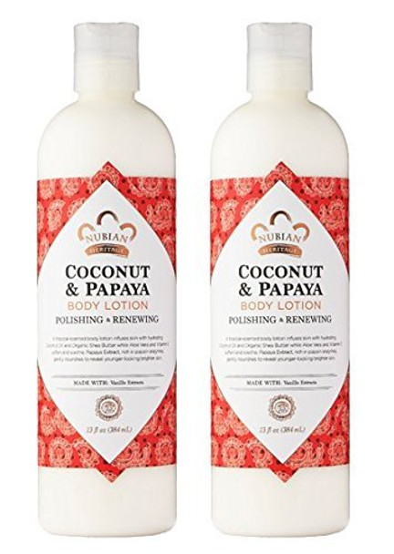 Nubian Heritage Coconut & Papaya Body Lotion (Pack of 2) with Shea Butter, Cocoa Seed Butter, Olive Oil, Aloe Vera Juice, Papaya Fruit Extract, Songi Mushroom Extract and Roselle Flower, 13 oz