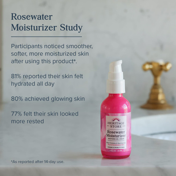 Heritage Store Rosewater Facial Moisturizer, Soothing Gel Cream for Dry Skin to Combination Skin, with Rose Complex, Niacinamide & Hyaluronic Acid, Vegan, Paraben Free & Cruelty Free, 2oz