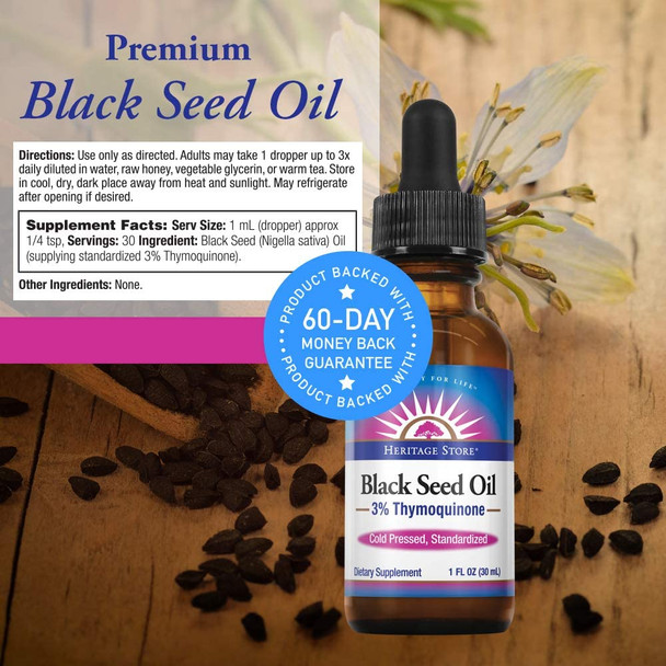 Heritage Store Black Seed Oil | 3% Thymoquinone | Pure & Cold Pressed | Healthy Heart, Digestion, Immune, Metabolism, Hair & Skin Support | 1 oz Heritage Store Black Seed Oil | 3% Thymoquinone | Pure & Cold Pressed | Healthy Heart, Digestion, Immune, Metabolism, Hair & Skin Support | 1 oz