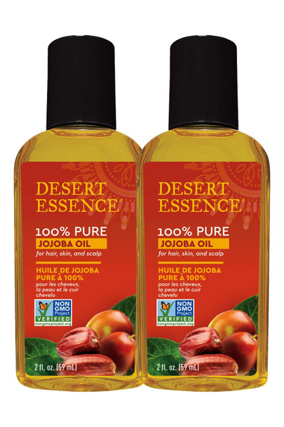 Desert Essence 100% Pure Jojoba Oil - 2 Fl Oz - Pack of 2 - Haircare & Skincare Essential Oil - All Skin Types - No Oily Residue - May Help Prevent Flakiness - Makeup Remover - Aftershave Moisturizer