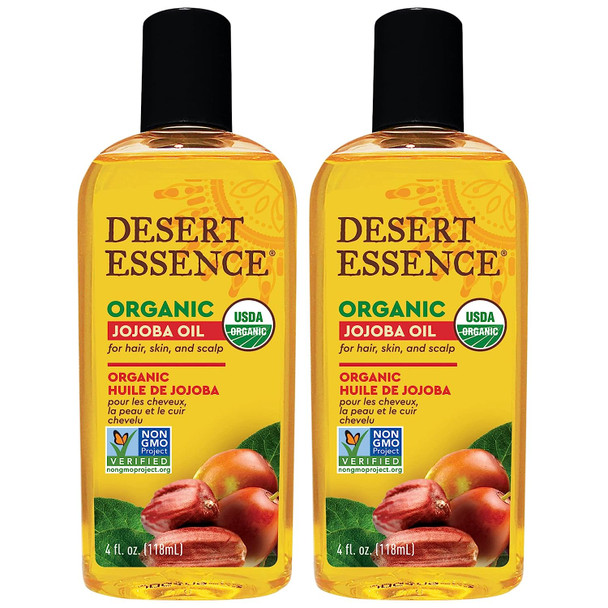 Desert Essence Jojoba Oil - 4 Fl Oz - Pack of 2 - Moisturizer for Face, Skin, Hair - Cleanses Clogged Pores - May Prevent Scalp Flakiness - Fights Skin Infections - USDA - Sensitive Skin