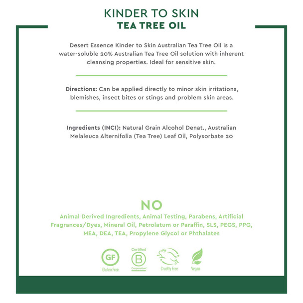 Desert Essence Kinder to Skin Australian Tea Tree Oil - 4 Fl Ounce - Soothes Stings & Minor Insect Bites - Blemishes - Water Soluble - Essential Oil - Refreshing - Natural Glow - No Parabens