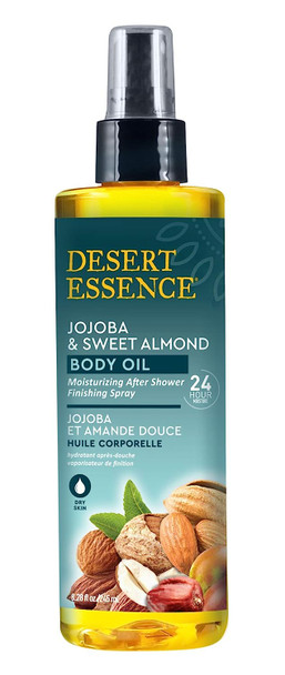 Desert Essence Jojoba & Sweet Almond Body Oil - 8.28 Fl Ounce - Provides 24 Hour Moisture - Vitamin E - Vitamin Enriched Shea Butter - Soothes and Comforts Dry Skin - After Shower Finishing Spray