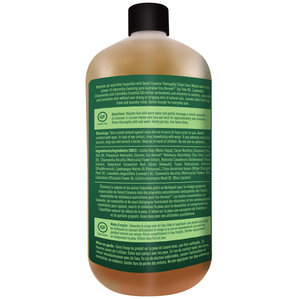 Desert Essence Thoroughly Clean Face Wash - Original - 32 Fl Ounce - Tea Tree Oil - For Soft Radiant Skin - Gentle Cleanser - Extracts Of Goldenseal, Awapuhi, & Chamomile Essential Oils