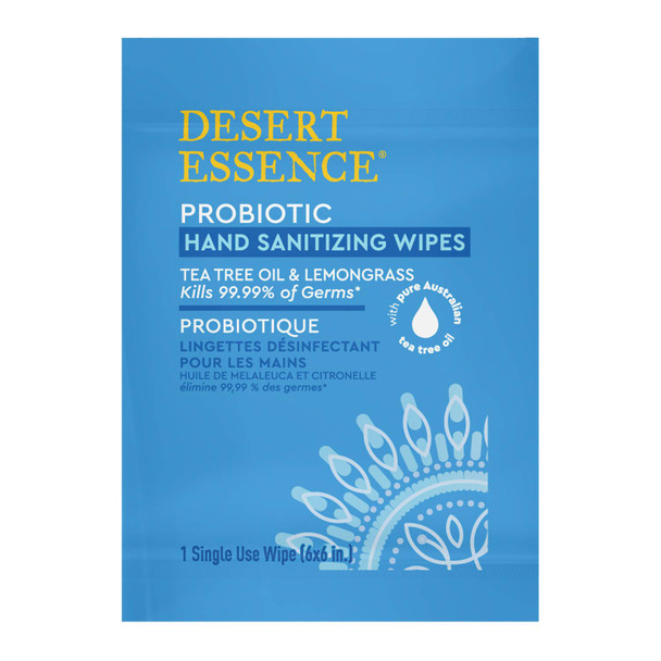Desert Essence Probiotic Hand Sanitizing Wipes Lemongrass, 20 Wipes - Gluten-Free, Vegan, Cruelty Free – Kills 99.99% of Germs, Probiotic Kefir to Help Condition Skin, Moisturize & Cleanse