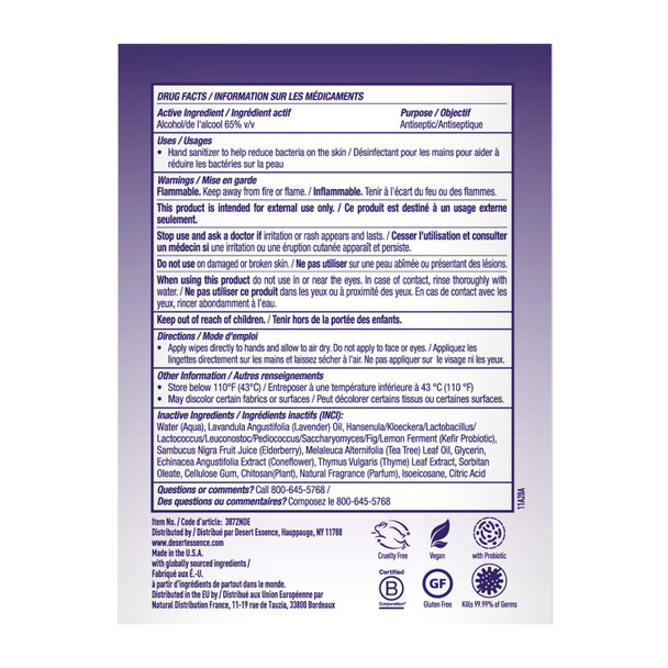 Desert Essence Probiotic Hand Sanitizing Wipes Lavender, 20 Wipes - Gluten-, Vegan, Cruelty  – Kills 99.99% of Germs, Probiotic Kefir to Help Condition Skin, Moisturize & Cleanse