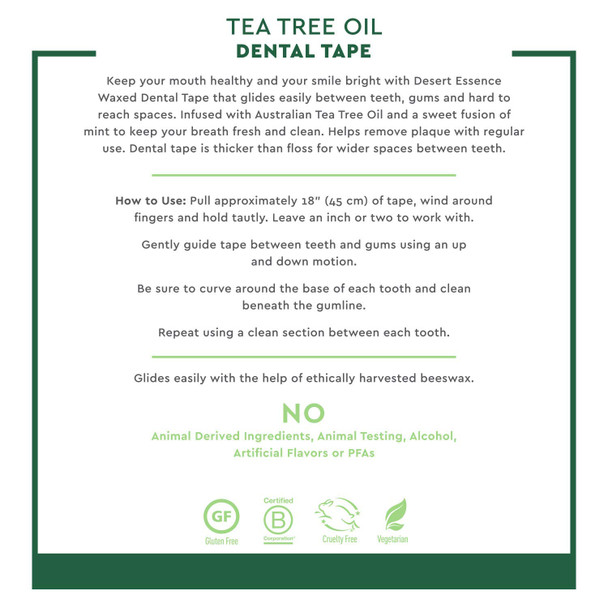Desert Essence Tea Tree Oil Dental Tape - 30 Yards - Pack of 12 - Naturally Waxed w/Beeswax - Thick Flossing No Shred Tape - On The Go - Removes Food Debris Buildup - Cruelty- Antiseptic