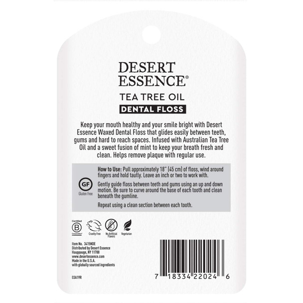 Desert Essence Tea Tree Oil Dental Floss - 50 yards - Naturally Waxed w/Beeswax - Thick Flossing No Shred Tape - On the Go - Removes Food Debris Buildup - Cruelty-free Antiseptic