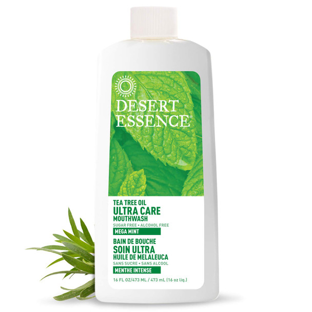 Desert Essence Tea Tree Oil Ultra Care Mouthwash - Mega Mint - 16 Fl Ounce - Freshens Breath - Defends Against Sugar Acids - Vitamin C - Soothes Gums - Whitening Floss - Removes Food Debris